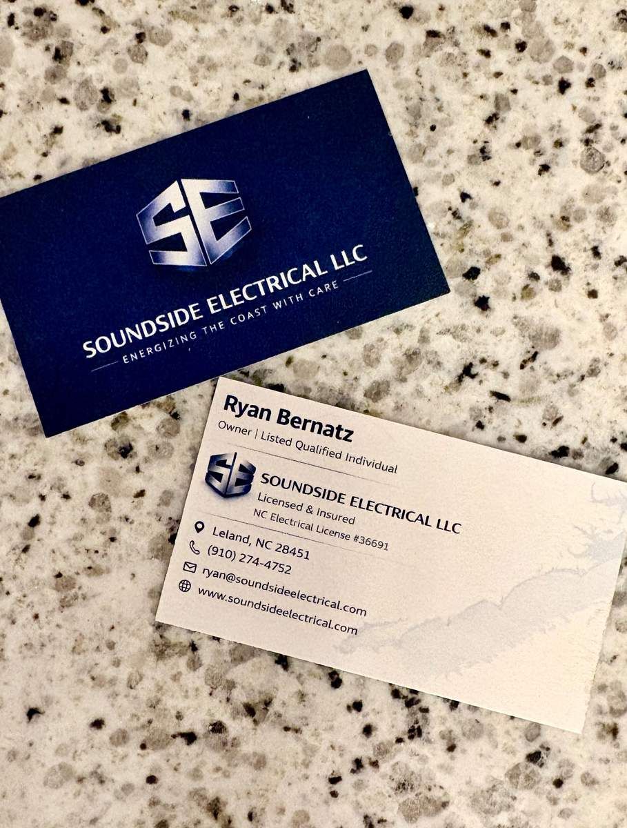Soundside Electrical LLC business card - Licensed and Insured, NC Electrical License #36691, Leland NC